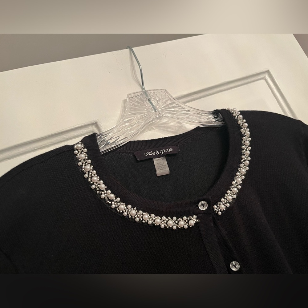 Womens Cable & Gauge Black Cardigan Sweater XL Beaded Neckline 3/4 sleeve wow! - Picture 3 of 11